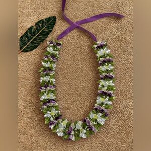 Pua Lei Handmade Purple, Green & White Hawaiian Lei Necklace. Graduation Lei.